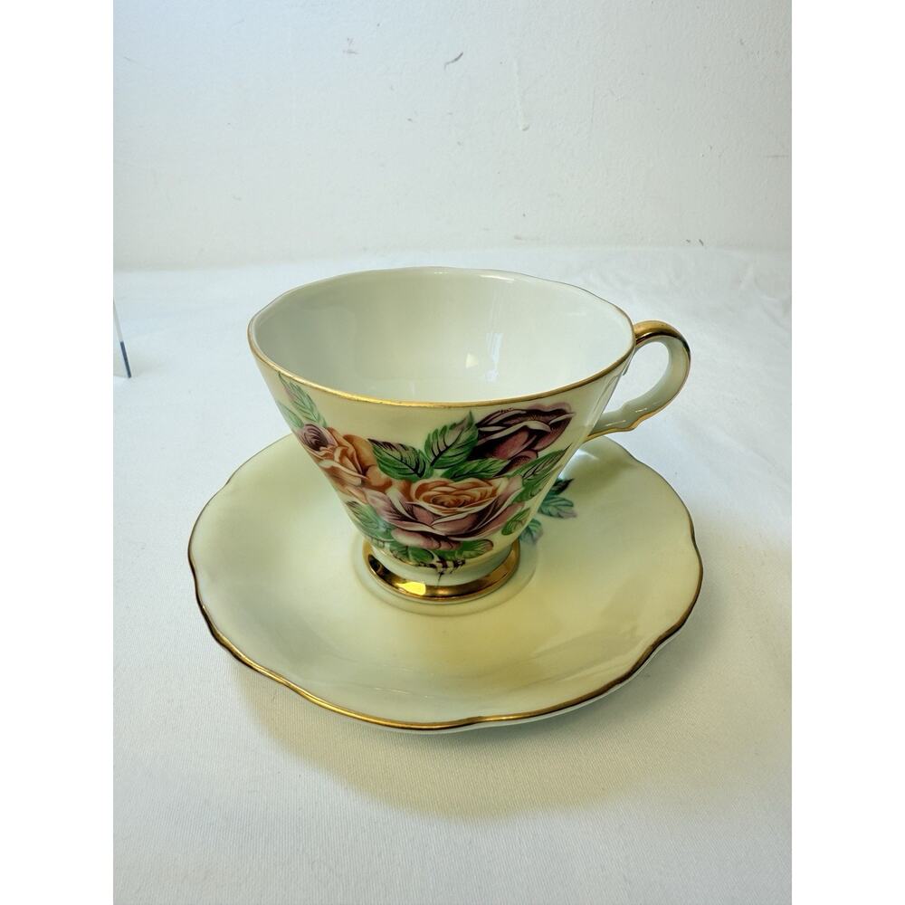 Lefton China Tea Cup & Saucer Purple Orange Open Roses